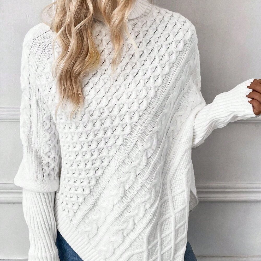 White Casual Women's High Neck Batwing Sleeve Asymmetric Hem Sweater